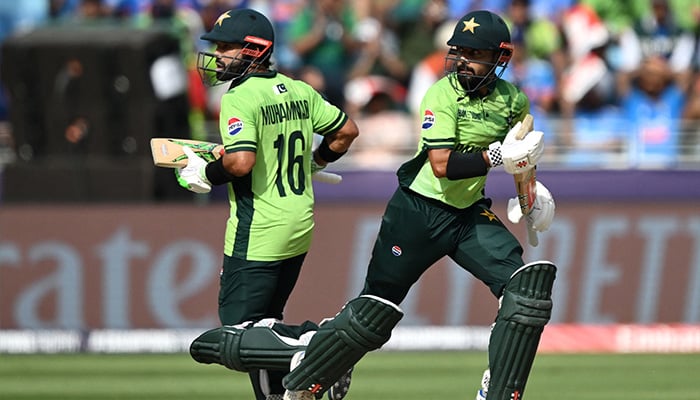 Skipper Mohammad Rizwan (left) and Saud Shakeel build third-wicket partnership of 104 runs. — Facebook/@PakistanCricketBoard