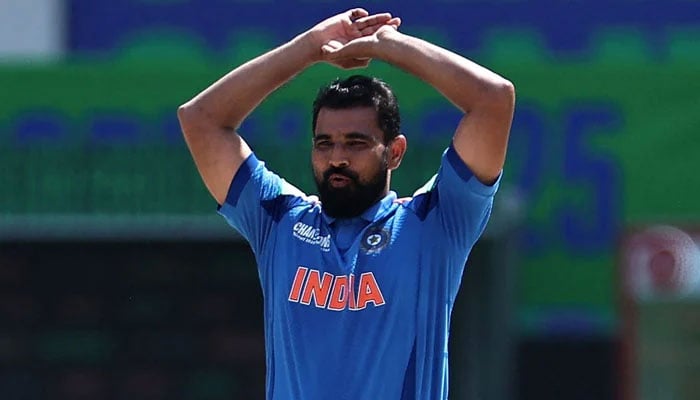 Indias Mohammed Shami reacts during their ICC Mens Champions Trophy 2025 match against Pakistan at the Dubai International Cricket Stadium in Dubai on February 23, 2025. — AFP