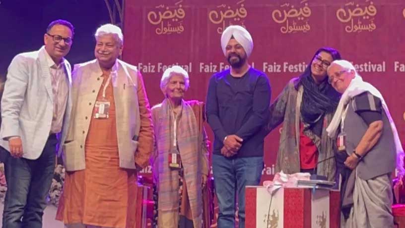 Indian and Pakistani writers and a filmmaker at the Faiz Festival, Lahore: (left to right) Dr Saif Mahmood, Atul Tiwari, Dr Arfa Sayeda Zehra, Dr Arvinder Chaman, Nandita Das and Zehra Nigah. — Zarminae Ansari / The Joy of Urdu