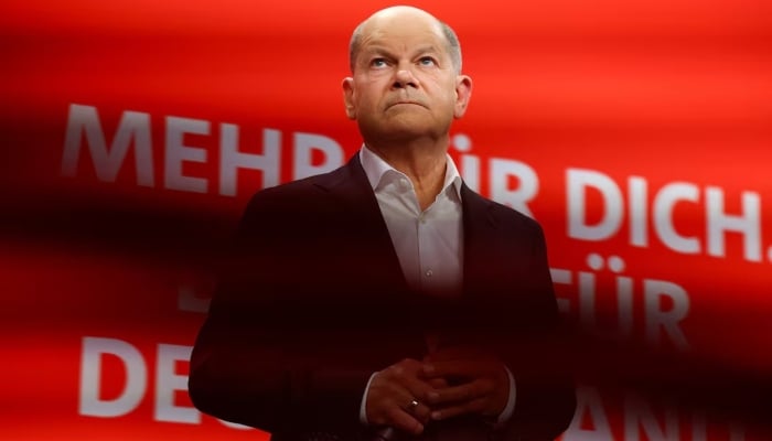 German Chancellor Olaf Scholz of the Social Democratic Party (SPD) looks on after the exit poll results are announced for the 2025 general election, in Berlin, Germany, February 23, 2025. — Reuters