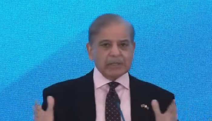 Prime Minister Shehbaz Sharif addresses business forum organised in collaboration with the Export and Investment Promotion Agency of the Republic of Azerbaijan (AZPROMO) in Baku, Azerbaijan, February 24, 2025. — Screengrab via YouTube/Geo News