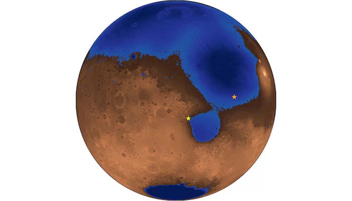 An illustration shows a hypothetical picture of Mars 3.6 billion years ago when an ocean may have covered nearly half the planet, released February 24, 2025. — Reuters