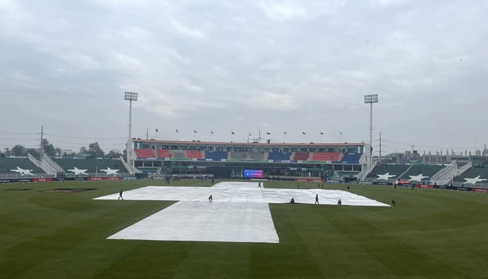 Covers are on the ground due to rain ahead of the Champions Trophy clash between South Africa and Australia at the Rawalpindi cricket stadium on February 25, 2025. — X