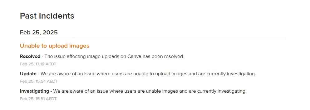 The image shows Canvas statement confirming issue resolved. — Canvastatus.com