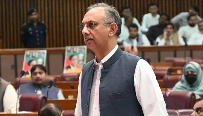 NA Opposition Leader Omar Ayub Khan speaks during an assembly session. — Facebook@Omar Ayub Khan/File