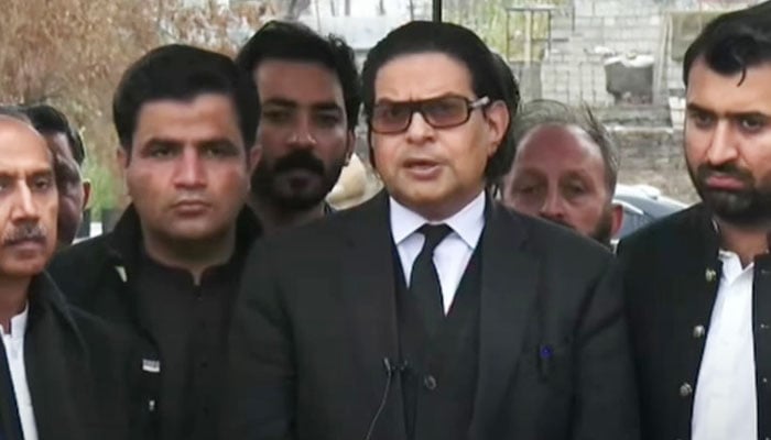 Pakistan Tehreek-e-Insaf Secretary-General Salman Akram Raja speaks to journalists outside Adiala jail, Rawalpindi, Punjab, February 25, 2025. — Screengrab via YouTube/Geo News