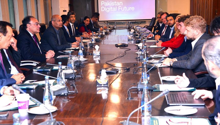 Federal Minister for Finance and Revenue Senator Muhammad Aurangzeb chairs a high-level meeting on digital assets at the Finance division in Islamabad on February 25, 2025. — PID