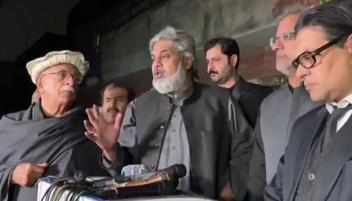 Opposition parties leaders address a press conference on February 25, 2025. — Screengrab via Facebook@PTIOfficial