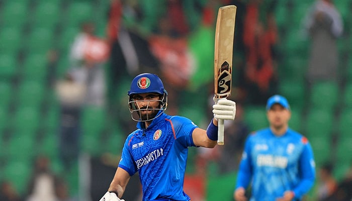 Afghanistans Ibrahim Zadran celebrates after reaching 150 runs. — Reuters