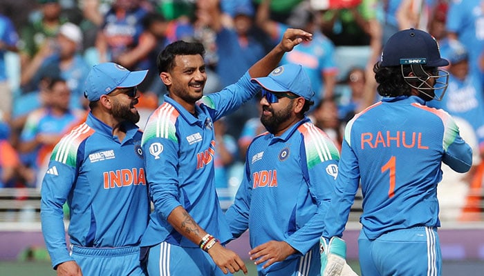 Indias Axar Patel celebrates after taking the wicket of Pakistans Mohammad Rizwan during the Champions Trophy 2025 match at the Dubai International Stadium, in UAE on February 23, 2025. — Reuters