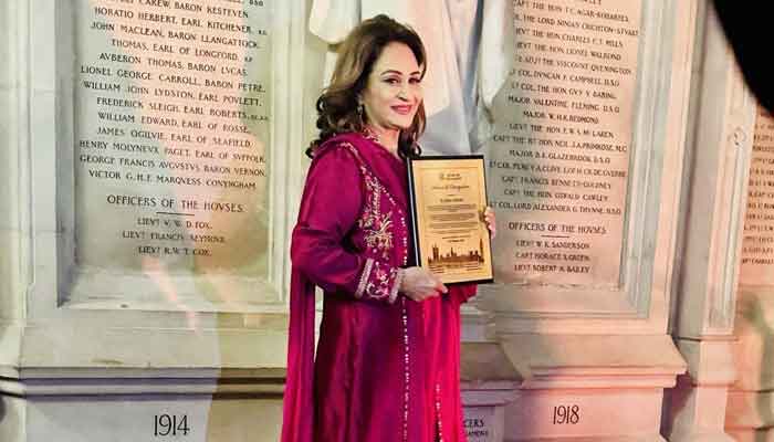 Bushra Ansari poses for a photograph while holding award received in the UK Parliament. — Instagram@ansari.bushra