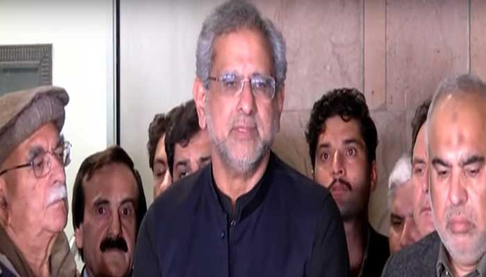 Former prime minister Shahid Khaqan Abbasi speaks to journalists after two-day opposition moot in Islamabad, February 26, 2025. — Screengrab via YouTube/Geo News