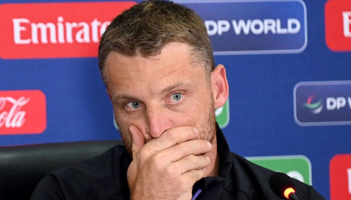 Englands captain Jos Buttler addresses a presser at Gaddafi Stadium in Lahore on February 25, 2025, on the eve of their ICC Champions Trophy one-day international (ODI) cricket match against Afghanistan. — AFP