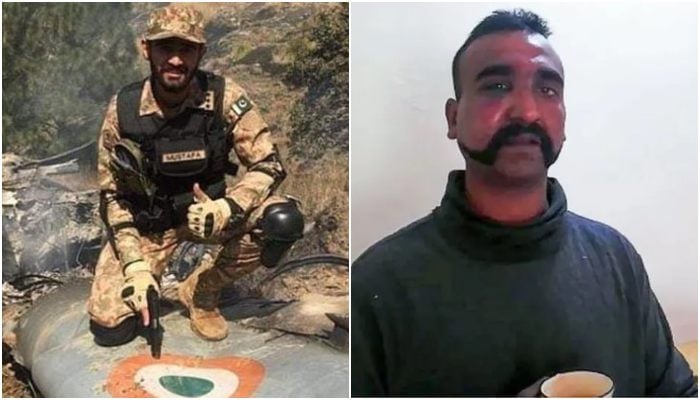 A collage showing a Pakistan Army soldier (left) posing for a photo with the wreckage of an IAF jet flown by Wing Commander Abhinandan Varthaman. — Radio Pakistan/AFP/File