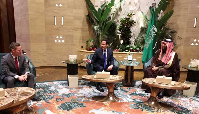 US Secretary of State Marco Rubio (centre) gestures towards US National Security Adviser Mike Waltz (left) as he meets with Saudi Arabias Crown Prince Mohammed bin Salman in Riyadh. — Reuters