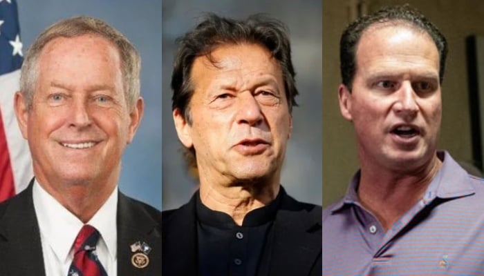 (From left to right) US Congressman Joe Wilson, PTI founder Imran Khan and American lawmaker August Pfluger. —Reuters/X//@RepJoeWilson/File