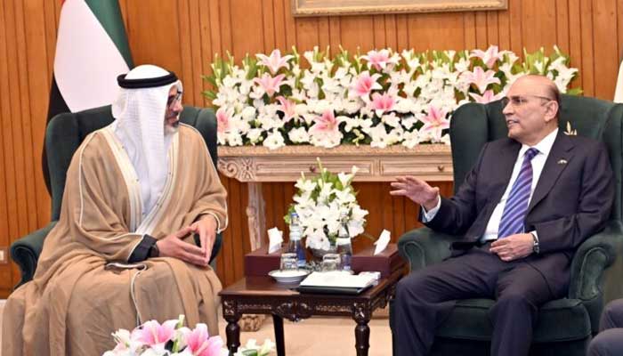 President Asif Ali Zardari in a meeting with the Crown Prince of Abu Dhabi and Chairman of Abu Dhabi Executive Council, Sheikh Khaled bin Mohamed bin Zayed, at Aiwan-e-Sadr, on February 27, 2025. — APP