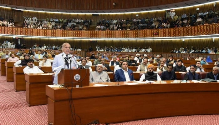 Prime Minister Shehbaz Sharif speaks at the national assembly, in Islamabad, April 11, 2022. — Reuters