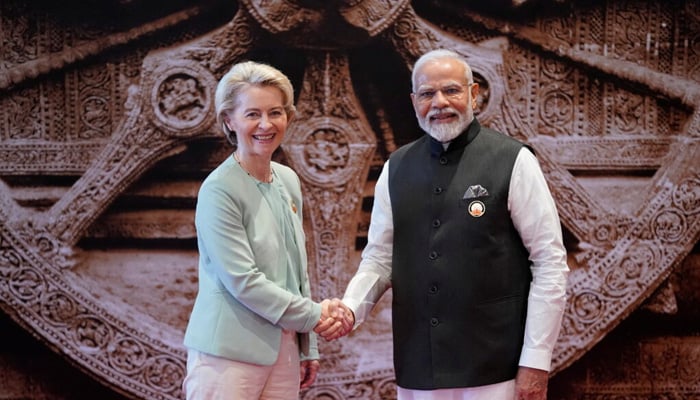 Indian Prime Minister Narendra Modi welcomes President of the European Union Ursula von der Leyen upon her arrival at Bharat Mandapam convention center for the G20 Summit, in New Delhi, India, Saturday, Sept. 9, 2023. — Reuters