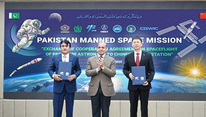 Prime Minister Shehbaz Sharif attends the signing ceremony between Suparco and China Manned Space Agency CMSA on February 28, 2025. — Suparco