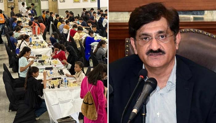 Picture shows students competing at National Youth Chess Championship (NYCC) 2025 (Left) and CM Sindh Syed Murad Ali Shah. — Reporter/PPI