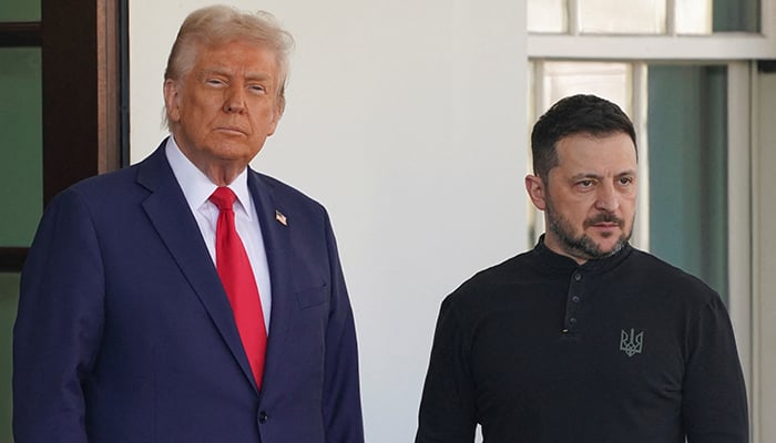 US President Donald Trump and Ukrainian President Volodymyr Zelensky look on on the day of a meeting at the White House in Washington, DC, US, February 28, 2025. — Reuters