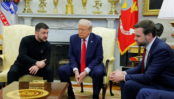 US President Donald Trump meets with Ukrainian President Volodymyr Zelenskiy as US Vice President JD Vance reacts at the White House in Washington, DC, US, February 28, 2025. — Reuters