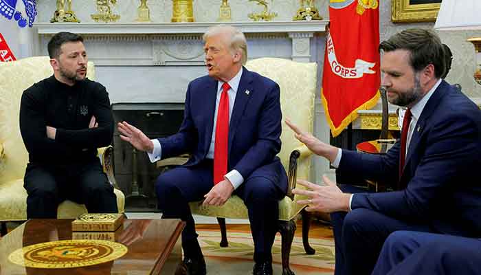 US President Donald Trump meets with Ukrainian President Volodymyr Zelenskiy as US Vice President JD Vance reacts at the White House in Washington, DC, US, February 28, 2025. — Reuters