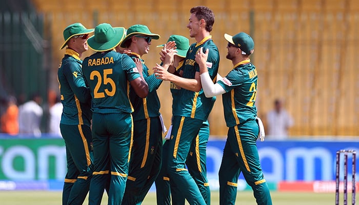 South Africas Marco Jansen celebrates after taking the caught and bowled wicket of Englands Ben Duckett. — Reuters