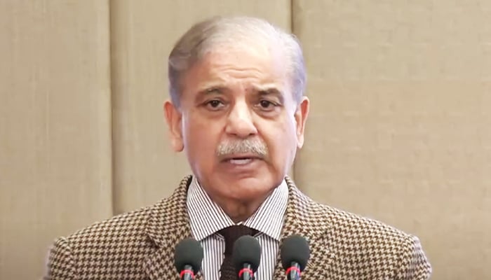 PM Shehbaz Sharif speaks at the launching ceremony of Ramadan package for deserving families on March 1, 2025.— Screengrab via Geo News