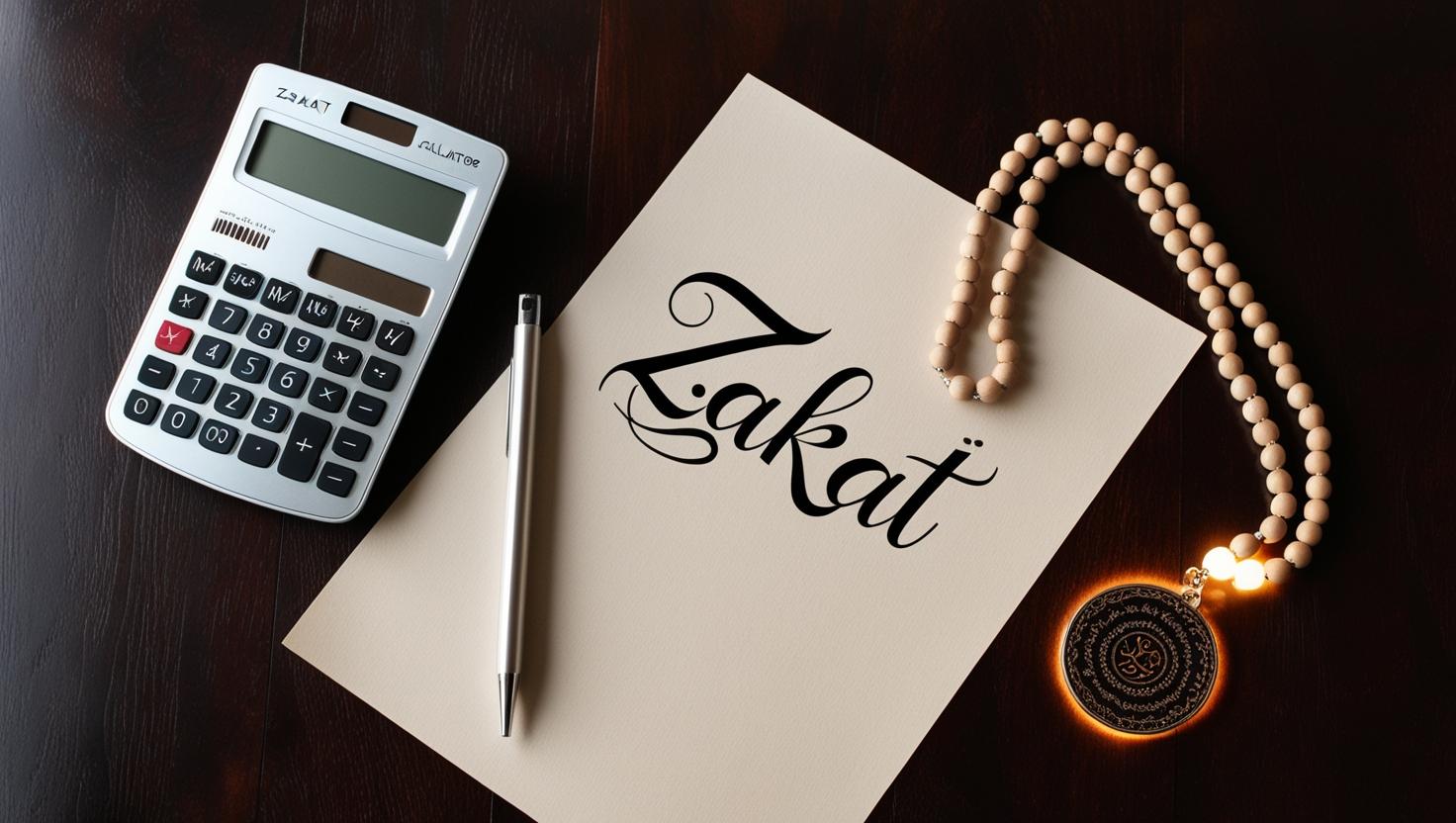 A representational image shows a calculator placed beside a white paper with Zakat written on it, alongside a rosary. — Canva