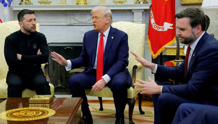 US President Donald Trump meets with Ukrainian President Volodymyr Zelenskiy as US Vice President JD Vance reacts at the White House in Washington, DC, US, February 28, 2025. — Reuters