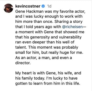 Kevin Costner breaks silence on Gene Hackmans death