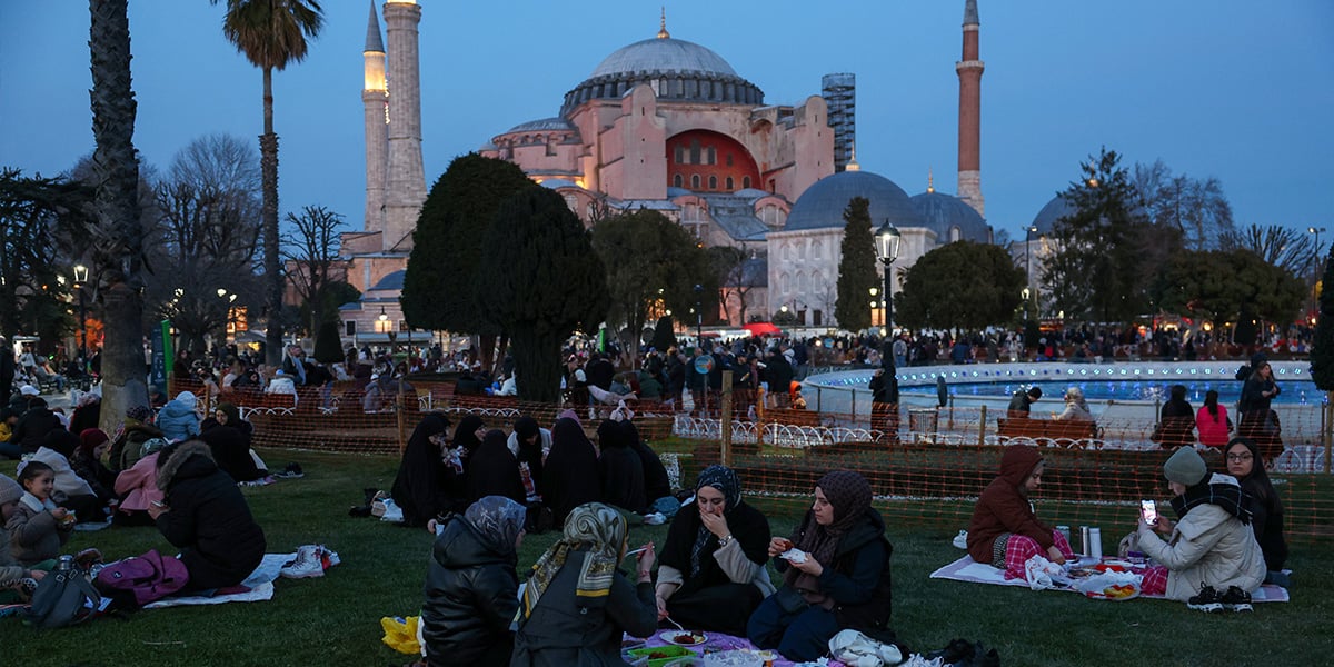 People have their iftar meal at Sultanahmet Square with the Ayasofya-i Kebir Camii or Hagia Sophia Grand Mosque in the background, in Istanbul, Turkey March 1, 2025.— Reuters