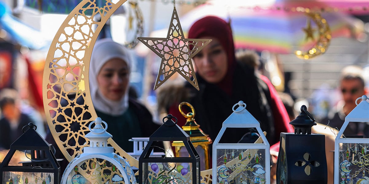 Indonesian Muslim women are seen at a Ramadan stall selling lanterns in Jakarta, Indonesia, on March 1, 2025. — AFP