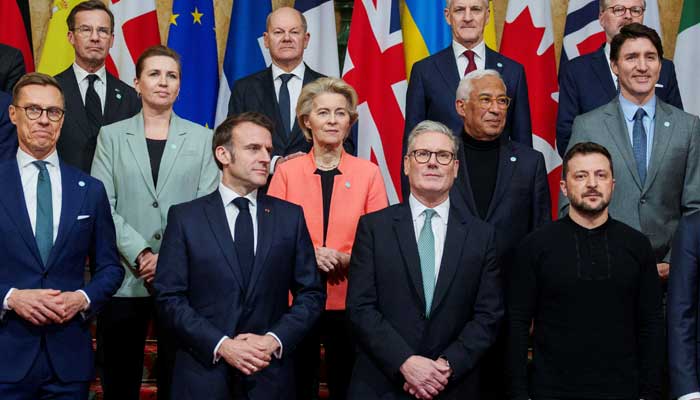 Britains Prime Minister Keir Starmer, President Volodymyr Zelenskiy, Frances President Emmanuel Macron, Canadas Prime Minister Justin Trudeau, Germanys Chancellor Olaf Scholz, European Commission President Ursula von der Leyen, and other officials attend the European leaders summit to discuss European security and Ukraine, at Lancaster House in London, Britain, March 2, 2025. — Reuters