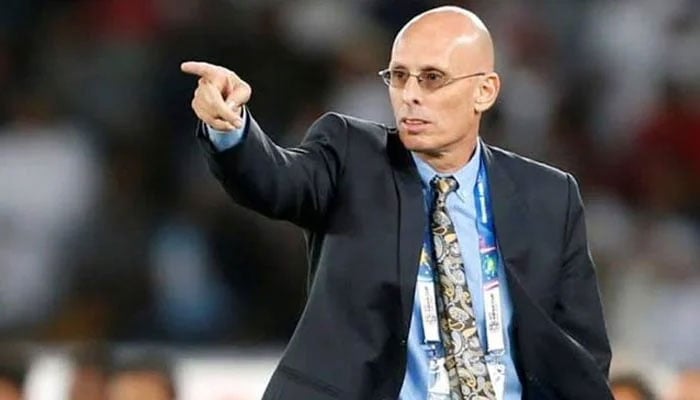 Pakistan men’s football team head coach Stephen Constantine gesturing during a match. — AFP/File