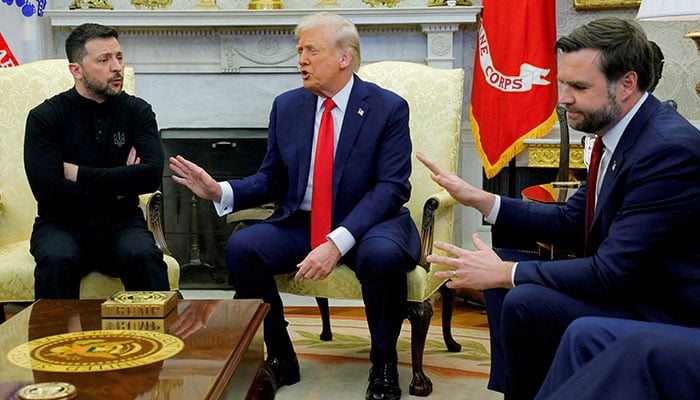 President Donald Trump (centre) meets with Ukrainian President Volodymyr Zelenskiy (left) as US Vice President JD Vance reacts at the White House in Washington, DC, US, February 28, 2025. — Reuters