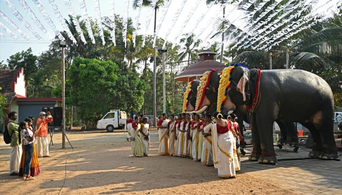 Women dressed in traditional attires pose with adorned robotic elephants newly provided by the Voice for Asian Elephants Society (VFAES), outside the Chakkamparambu Bhagavathy temple in Thrissur, in Indias Kerala state. — AFP/File