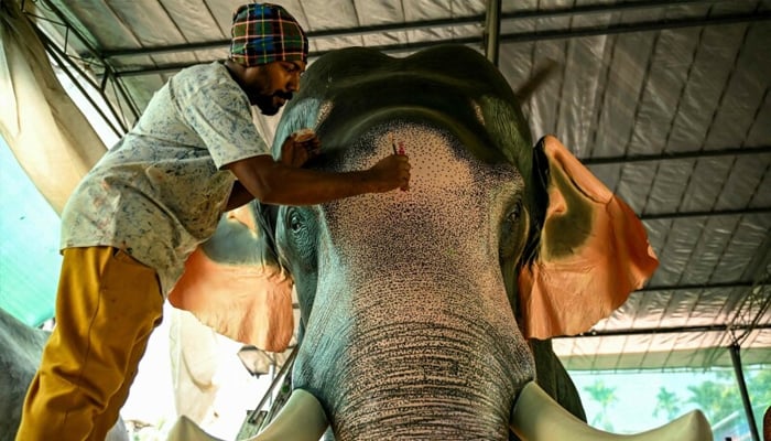 A worker gives final touches to a model of a robotic elephant at a workshop in Thrissur, in India’s Kerala state on February 25, 2025. — AFP