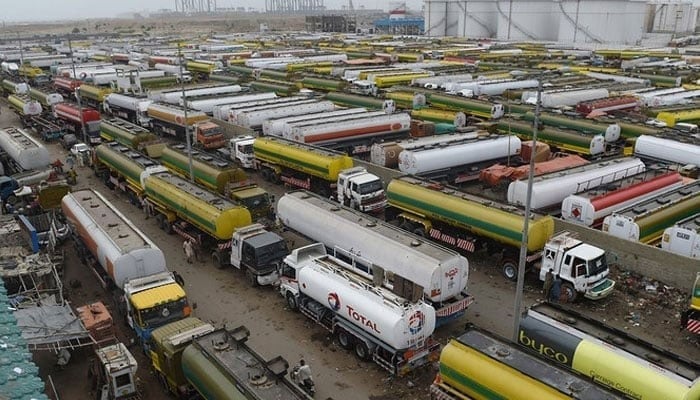 Oil tankers park in a terminal amid a countrywide strike by the All Pakistan Oil Tankers Association near a port in Karachi on July 26, 2017. — AFP/File