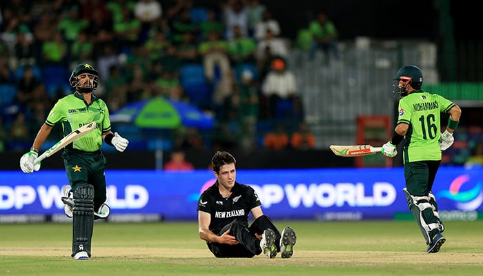 Pakistans Mohammad Rizwan and Babar Azam in action as New Zealands Will ORourke reacts during the ICC Champions Trophy group match at National Bank Stadium, Karachi. — Reuters/File