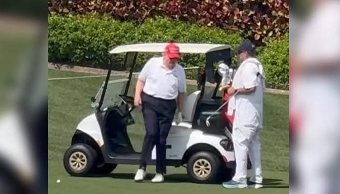 US President Donald Trump limping out of a golf cart in Palm Springs, Florida on Sunday, March 2, 2025. — Instagram/@alemans_brothers_llc