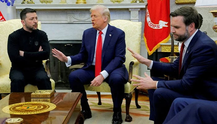 US President Donald Trump (centre) meets with Ukrainian President Volodymyr Zelenskiy (left) as US Vice President JD Vance (right) reacts at the White House in Washington, DC, US on February 28, 2025. — Reuters