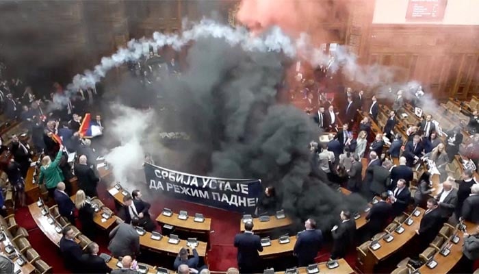 Serbian opposition lawmakers let off smoke grenades inside Serbian parliament, in Belgrade, Serbia March 4, 2025, in this screengrab taken from a video. — Reuters