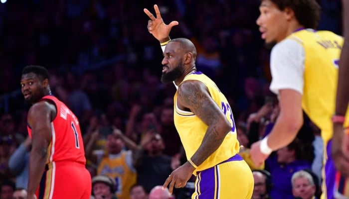 Los Angeles Lakers forward LeBron James (23) reacts after scoring a three point basket and recording 50,000 career NBA points against the against the New Orleans Pelicans during the first half at Crypto.com Arena, Los Angeles, California, USA, March 4, 2025. — Reuters