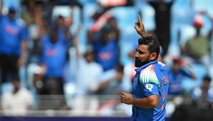 Indias Mohamed Shami Emayat celebrates taking a share against Bangladesh, the International Champions Champions for the International Criminal Court, Dubai, February 20, 2025.