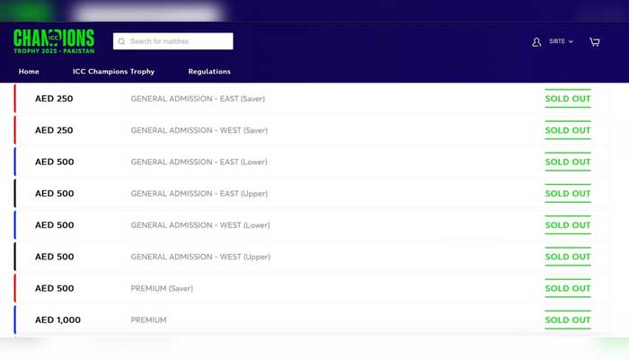 This screenshot shows the ticketing website for the ICC Champions Trophy 2025 final. — Reporter