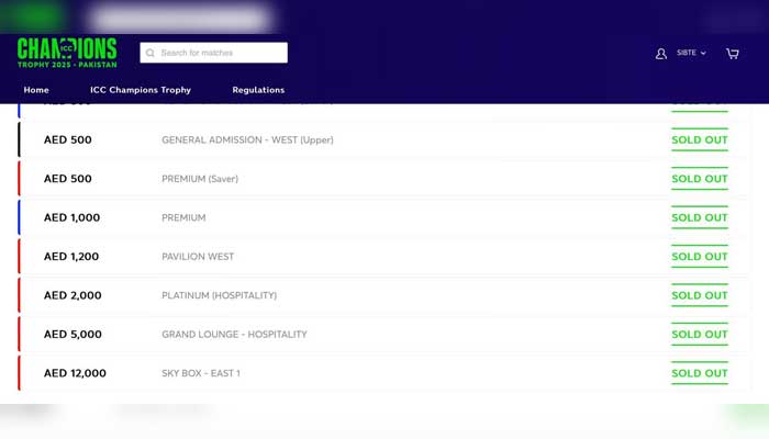 This screenshot of the ticket site is displayed by Tickets of the ICC Champions Trophy 2025 - correspondent