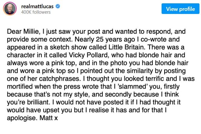 Matt Lucas breaks silence over ‘upset caused to Millie Bobby Brown